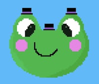 a green pixel frog on a blue background